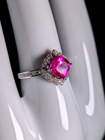 Vintage Genuine Hot Pink Topaz Solitaire and Simulated Diamond Halo Sterling Silver Ring