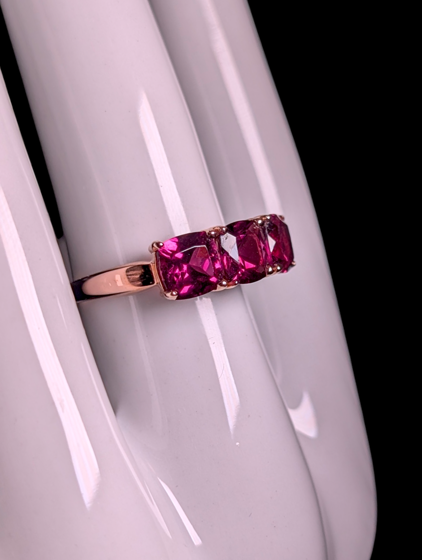 Vintage Cushion Cut Three Stone Genuine Pink Tourmaline 10k Solid Rose Gold Ring