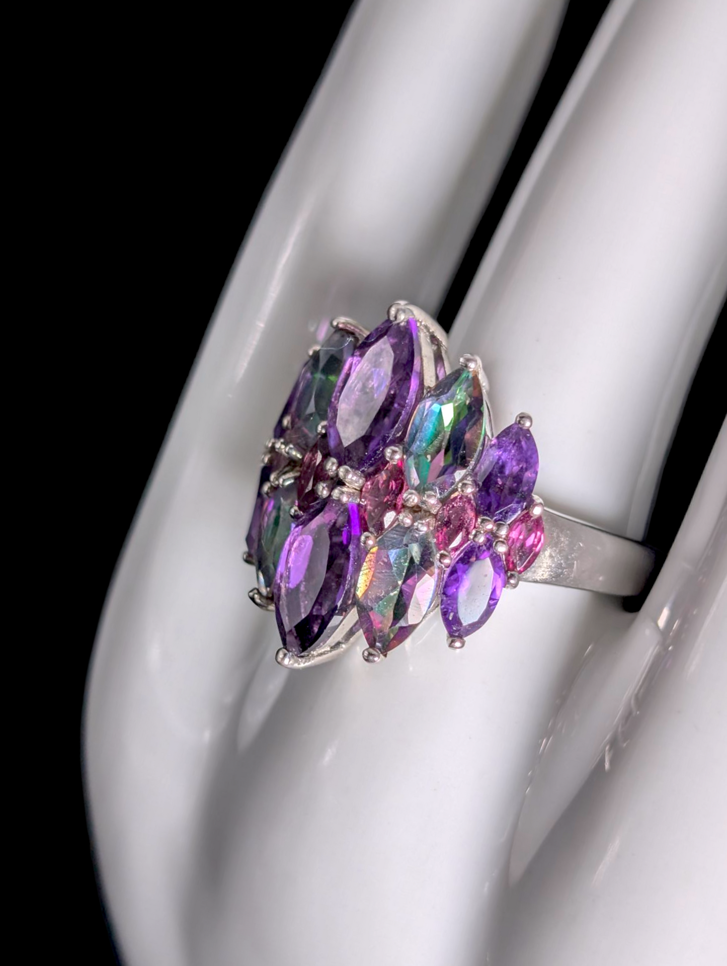 Vintage Art Deco Inspired Genuine Northern Lights Mystic Topaz, Grape Amethyst and Rhodolite Garnet Sterling Silver Cluster Cocktail Statement Ring