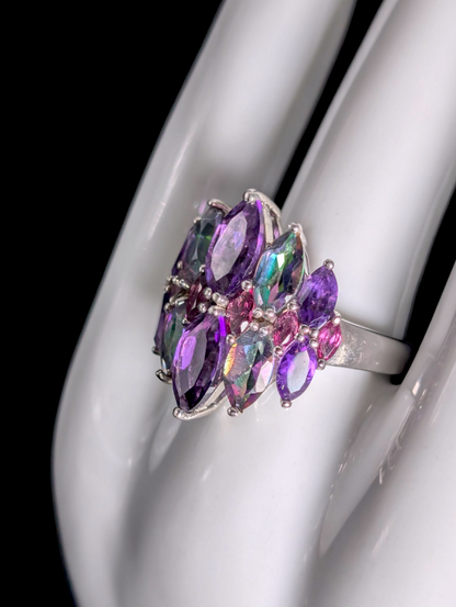 Vintage Art Deco Inspired Genuine Northern Lights Mystic Topaz, Grape Amethyst and Rhodolite Garnet Sterling Silver Cluster Cocktail Statement Ring