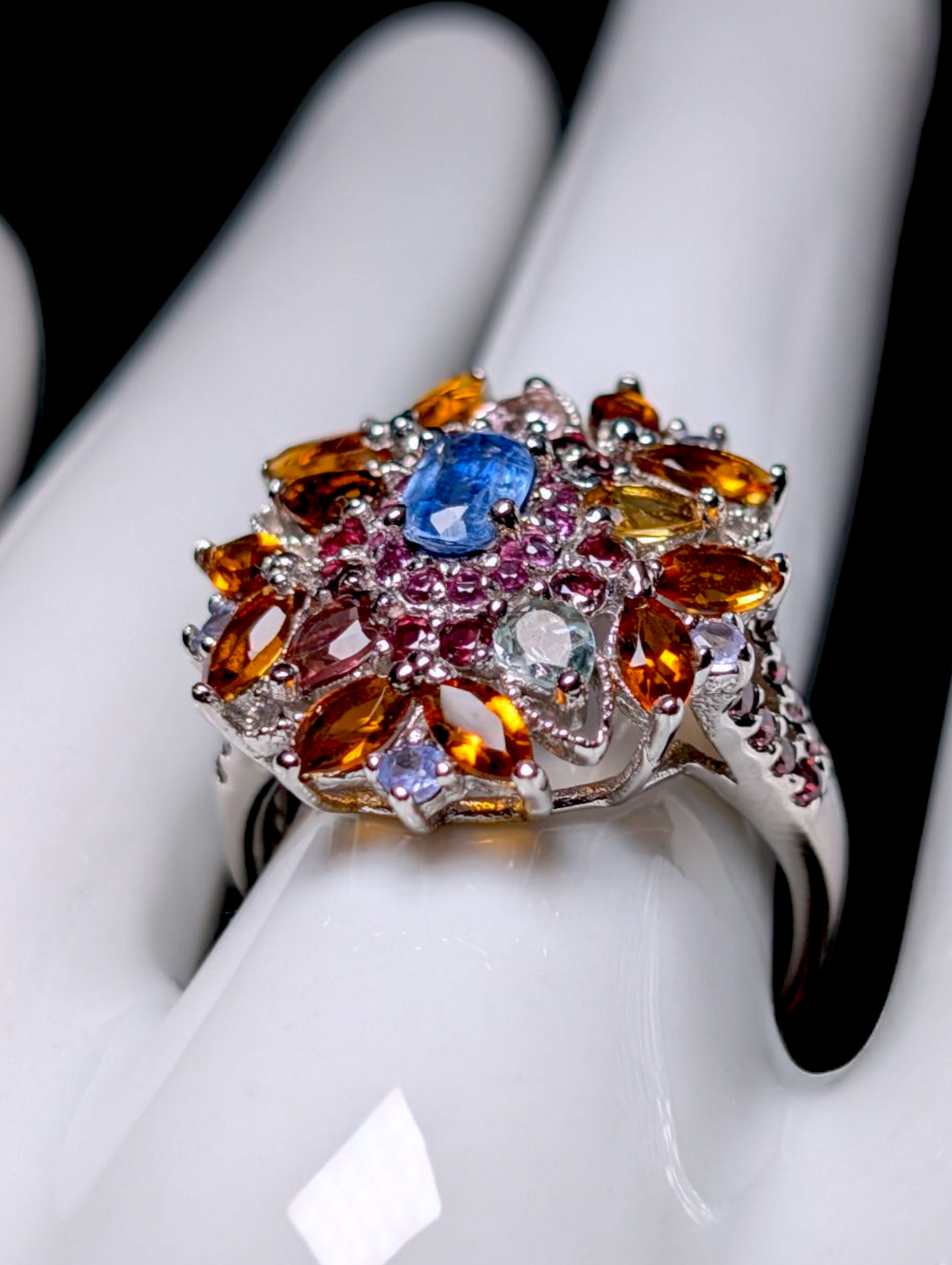 Vintage Cluster Starburst Multi-Gemstone Genuine Kyanite and Tourmaline Sterling Silver Statement Ring