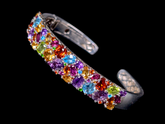 Vintage Mixed Cut Genuine Multi Gemstone Rhodium Plated Sterling Silver Hinged Cuff Bracelet