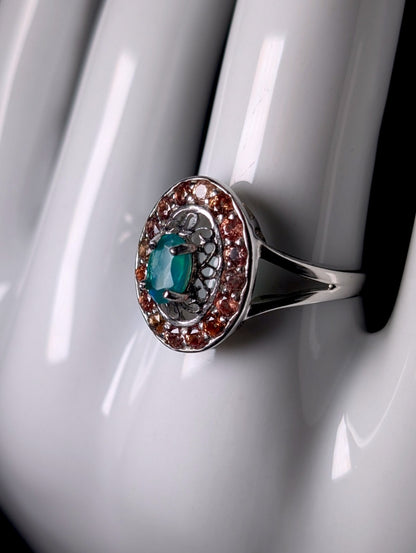 Vintage Genuine Green Fire Opal and Padparadscha Sapphire Halo Sterling Silver Ring