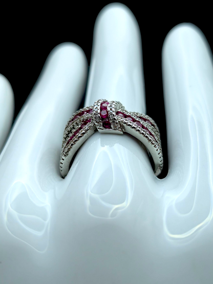 Vintage Cross Over Knot Infinity Genuine Ruby and Simulated Diamond Silver Toned Band Ring