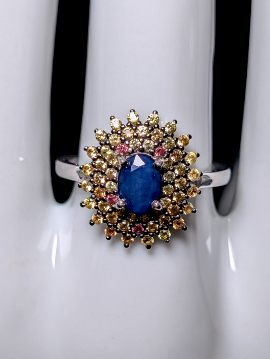 Vintage Inspired Oval Cut Earth Mined Genuine Royal Blue Sapphire Solitaire with Triple Fancy Sapphire Halo Sterling Silver Statement Ring