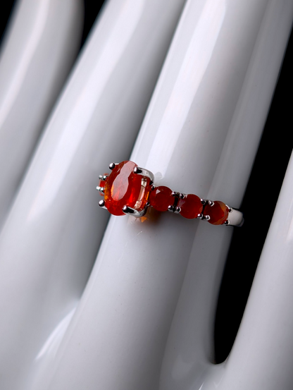 Vintage Oval Cut Solitaire Genuine Orange Fire Opal with Accent Stones Sterling Silver Ring
