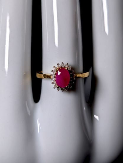 Vintage Oval Cut Earth Mined Genuine Ruby Solitaire with Diamond Starburst Halo 18k Yellow Gold Vermeil Ring