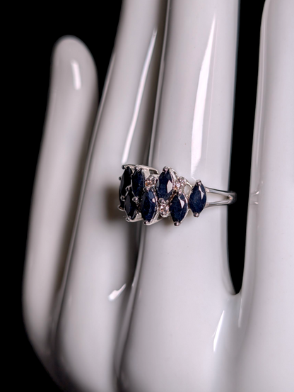 Vintage Staggered Row Marquise Cut Earth Mined Genuine Blue Sapphire with White Zircon Accent Stones Sterling Silver Ring