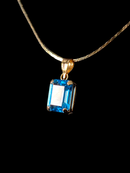 Vintage Imperial Gold Co. Emerald Cut Genuine Swiss Blue Topaz 14k Solid Yellow Gold Pendant