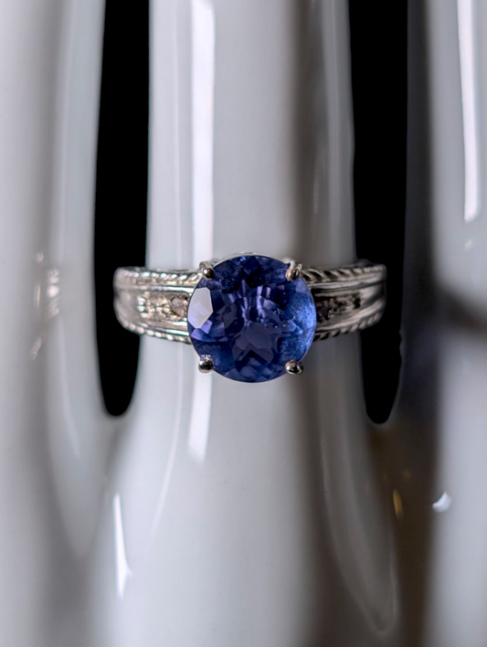 Vintage Round Brilliant Cut Genuine Fluorite Solitaire and Diamond Accent Sterling Silver Ring