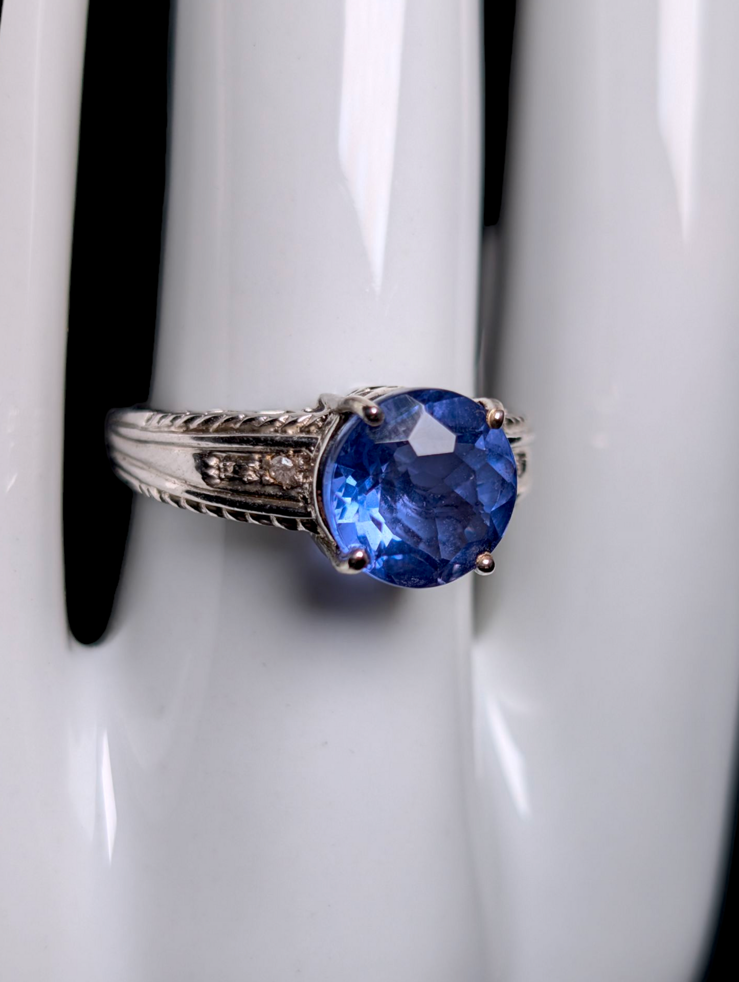 Vintage Round Brilliant Cut Genuine Fluorite Solitaire and Diamond Accent Sterling Silver Ring