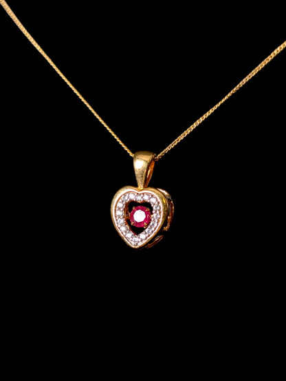 Vintage Genuine Ruby and White Topaz Halo Heart Pendant 14K Yellow Gold over Sterling Silver Delicate Chain Necklace
