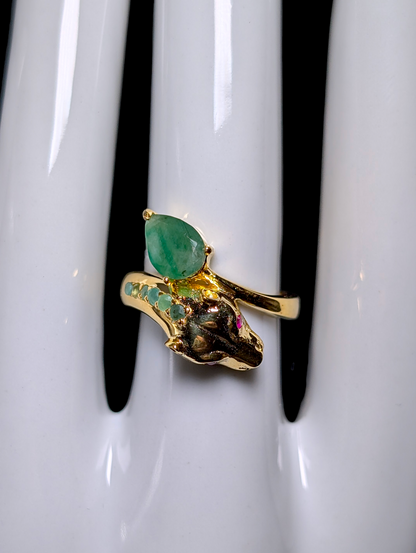 Vintage Genuine Emerald and Ruby Eyed Panther Wrap Cross Over 14kt Gold over Sterling Ring
