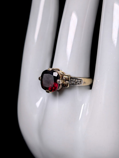 Vintage Cushion Cut Genuine Garnet Solitaire, White Topaz Accents Gold over Sterling Ring