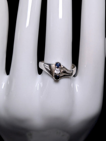 Vintage Round Cut Genuine Sapphire and Cubic Zirconia Sterling Silver Row Ring