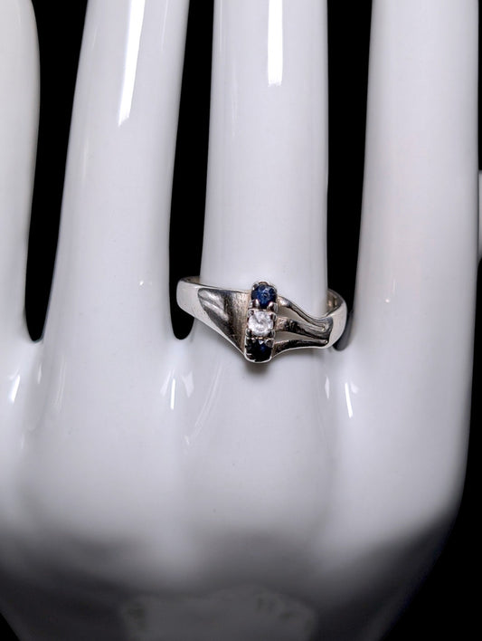 Vintage Round Cut Genuine Sapphire and Cubic Zirconia Sterling Silver Row Ring