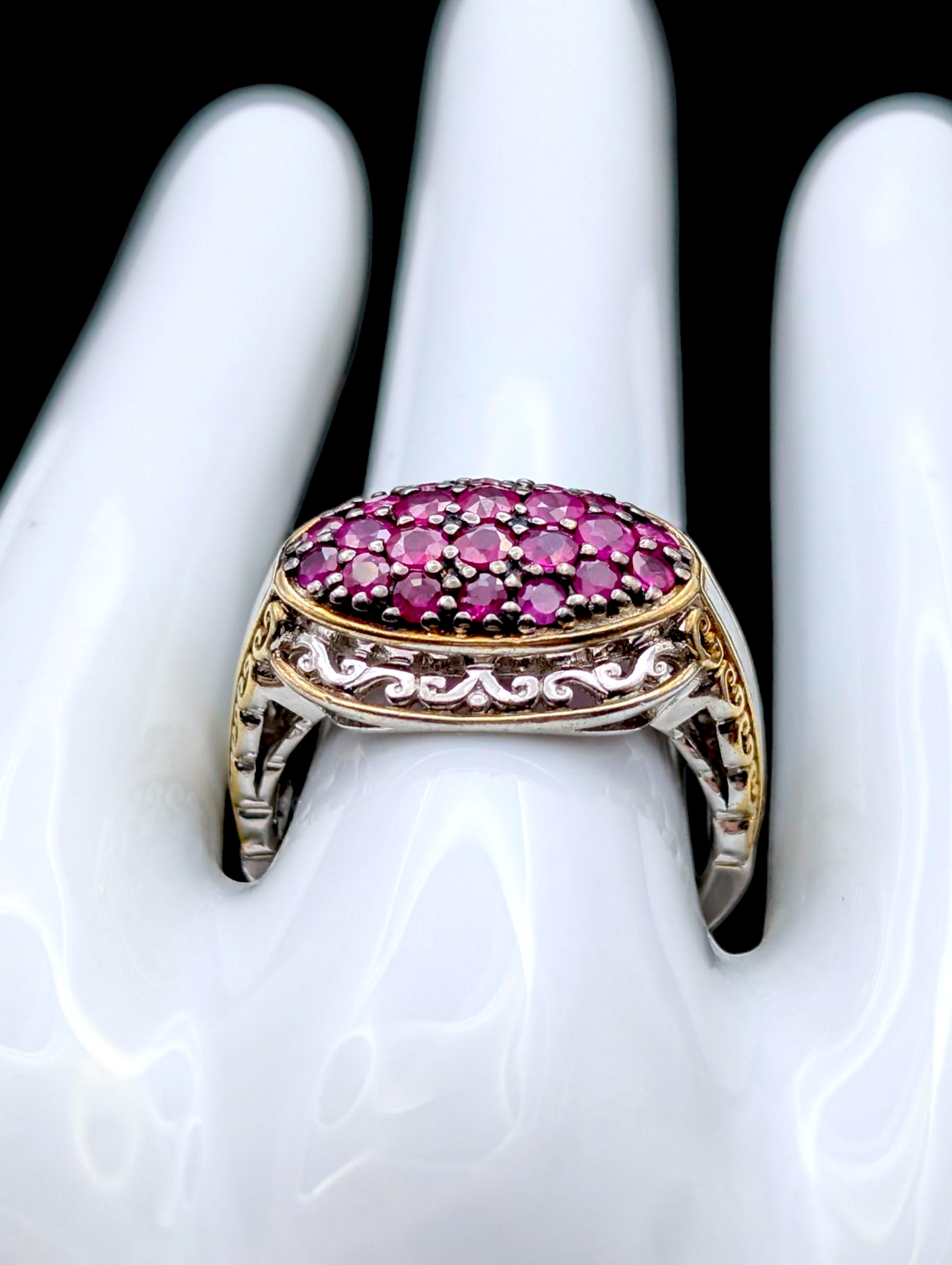 Vintage Inspired Gems En Vogue 18k Gold Filigree Palladium Silver Earth Mined Genuine Ruby East West Cluster Black Prong Sterling Ring