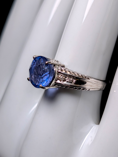 Vintage Round Brilliant Cut Genuine Fluorite Solitaire and Diamond Accent Sterling Silver Ring