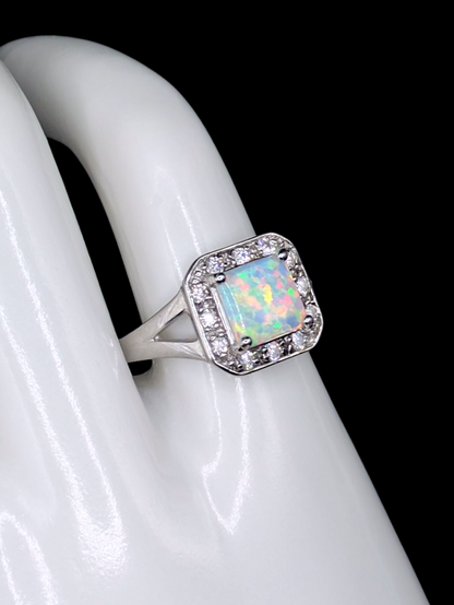 Vintage Square Cabochon Cut Genuine Opal Solitaire with Simulated Diamond Halo Sterling Silver Ring