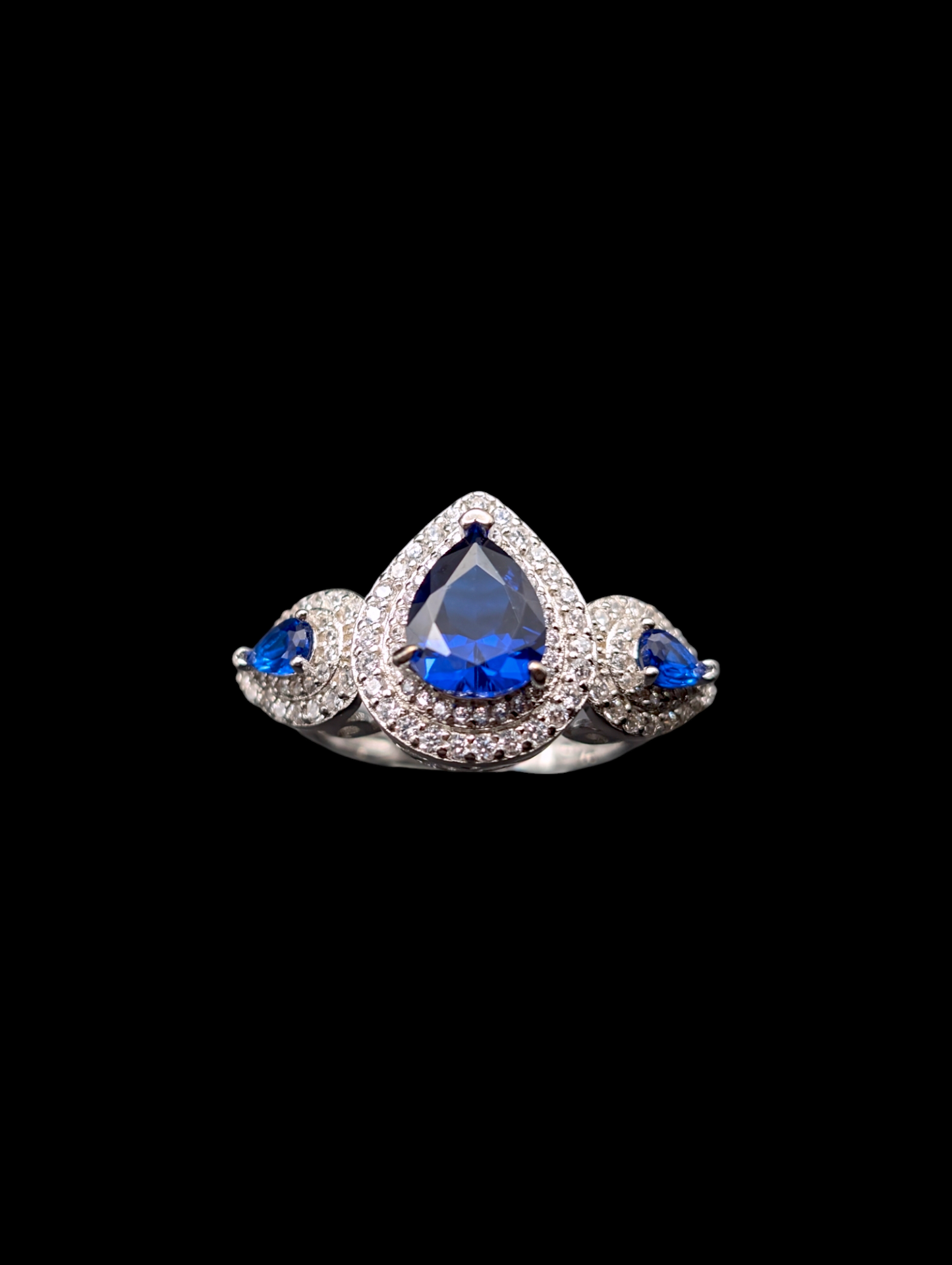 Vintage Inspired Cornflower Blue Pear Cut Genuine Spinel and Diamond Double Halo Sterling Silver Ring