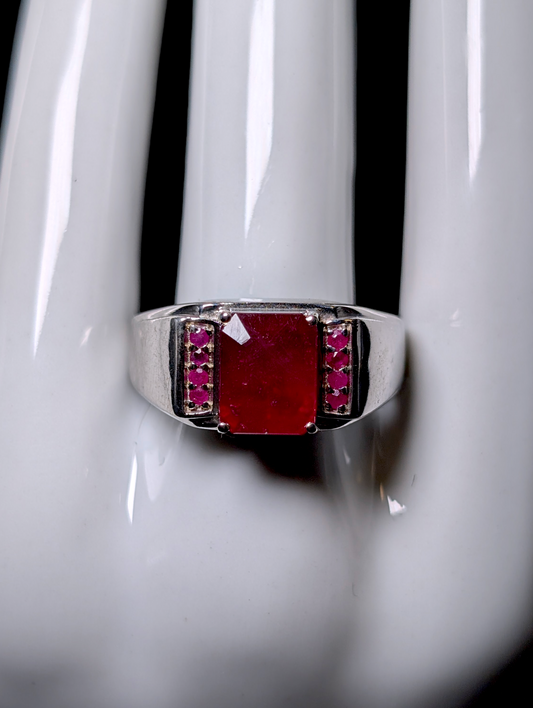 Vintage Emerald Cut Earth Mined Genuine Ruby Solitaire Sterling Silver Men's Ring