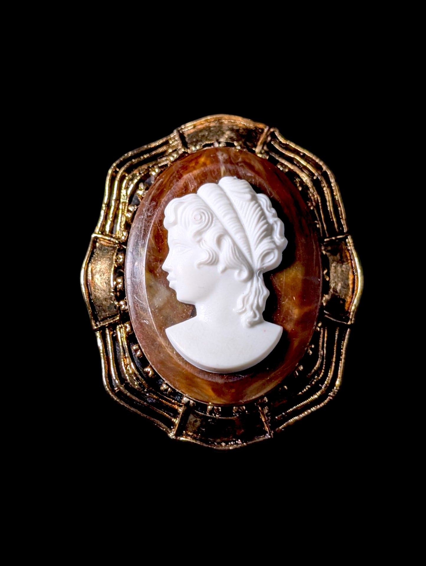 Vintage Tortoise Shell Brown and Alabaster White Bronze Toned Framed Cameo Costume Brooch