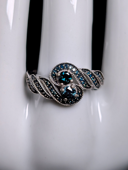 Vintage Twin Genuine Blue Diamond Crossover Sterling Silver and Black Rhodium Ring