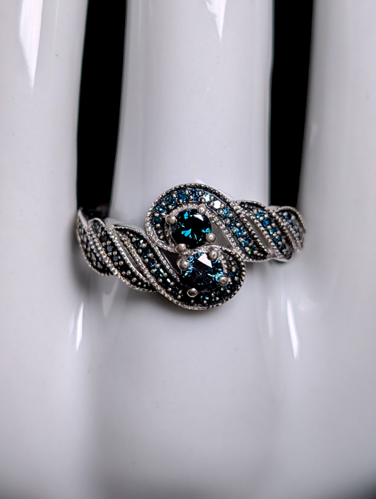 Vintage Twin Genuine Blue Diamond Crossover Sterling Silver and Black Rhodium Ring