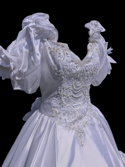 Vintage "Cinderella" Timeless White Wedding Dress with Ruffled Train, Puffed Sleeves, Rosette Details and Aurora Borealis Sequins Dripping with Pearls