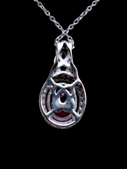 Vintage 5+ Carats Earth Mined Genuine Ruby and Diamond Halo Necklace, Ring and Earrings Sterling Silver 3 Piece Set