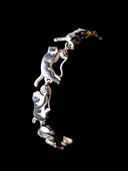 Vintage Cat's Chasing Yarn Sterling Silver Adjustable Link Bracelet with Lobster Clasp