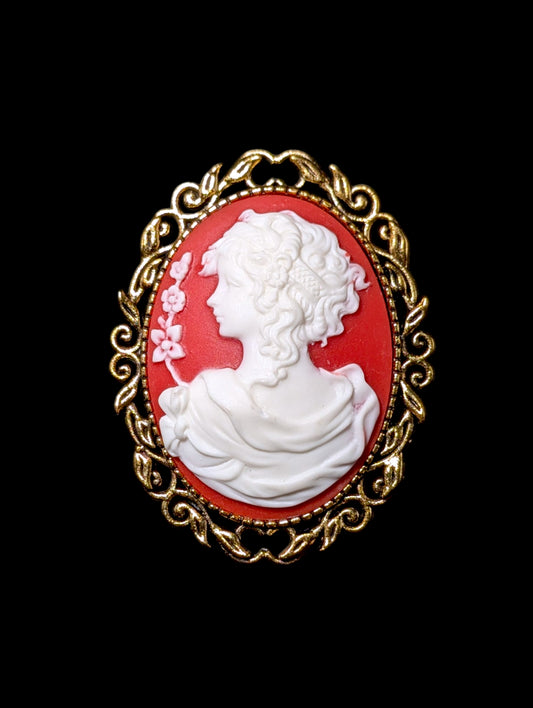 Vintage Coral Red and Alabaster White Gold Framed Cameo Costume Brooch
