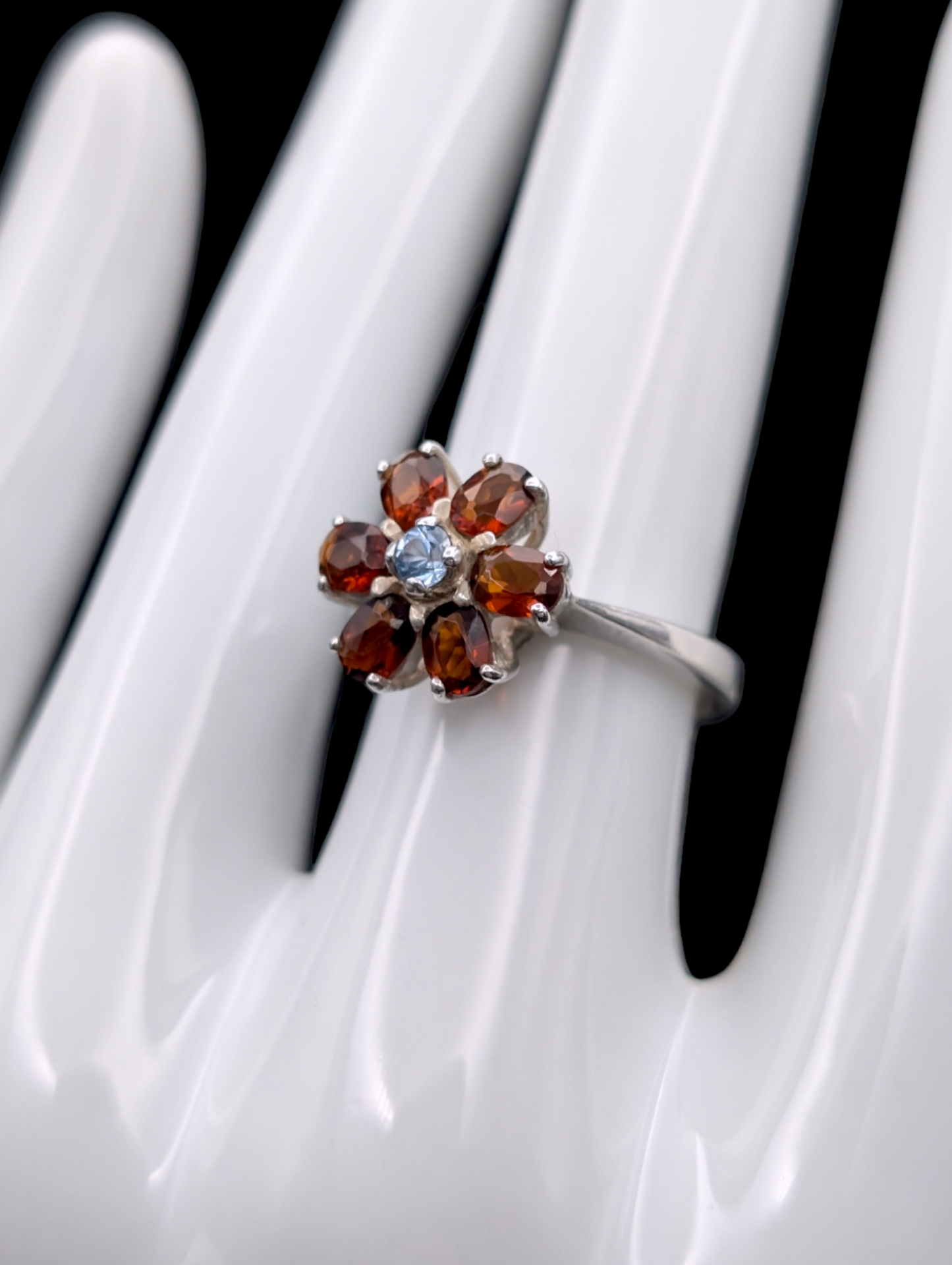 Vintage Flower Genuine Hessonite Garnet with Aqua Center Sterling Silver Ring