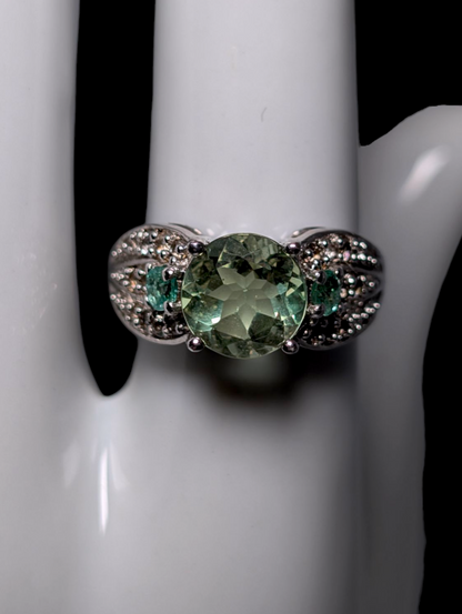 Vintage Round Brilliant Cut Genuine Bicolor Fluorite Solitaire with Emerald and White Topaz Accents Sterling Silver Ring