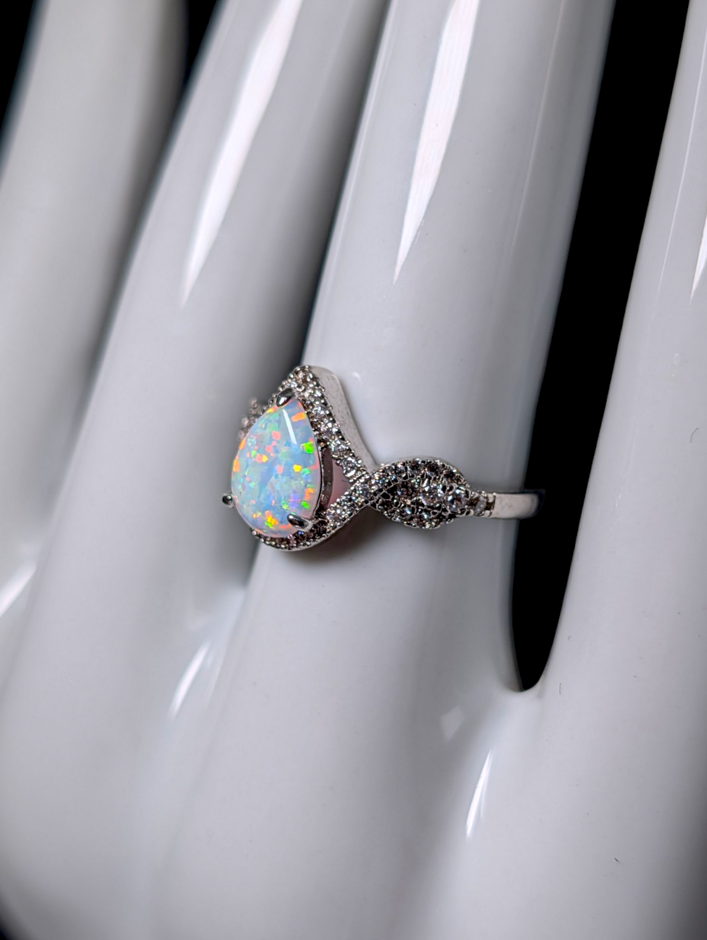 Vintage Inspired Teardrop Cut Simulated Opal and Diamond Silver Toned Ring