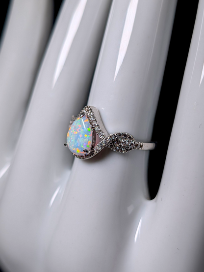 Vintage Inspired Teardrop Cut Simulated Opal and Diamond Silver Toned Ring