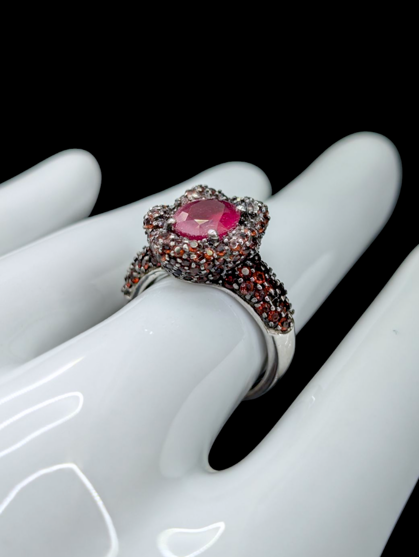 Vintage Earth Mined Genuine Ruby Solitaire and Spessartite Garnet Clustered Flower Mount Rhodium over Sterling Silver Ring
