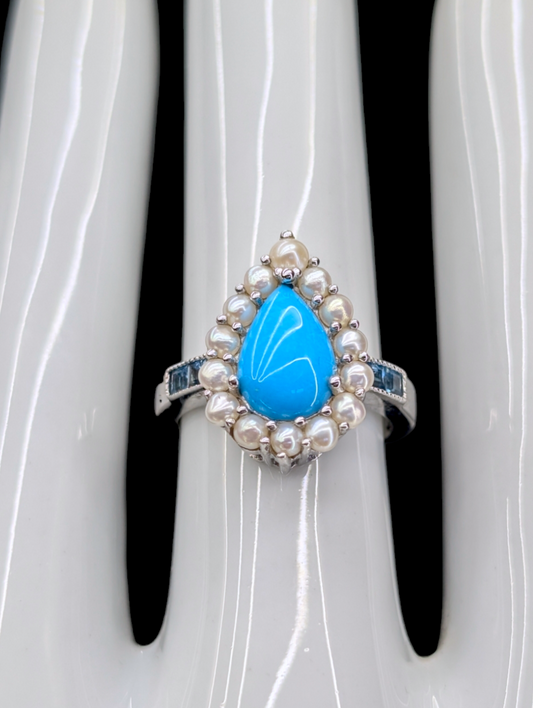 Vintage Pear Cut Genuine Sleeping Beauty Turquoise, Sky Blue Topaz and Cultured Pearl Halo Sterling Silver Ring