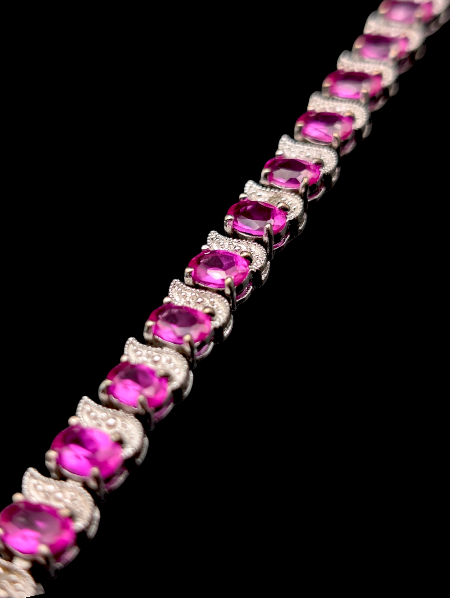 Vintage Inspired Genuine Pink Ruby 925 Sterling Silver Tennis Bracelet