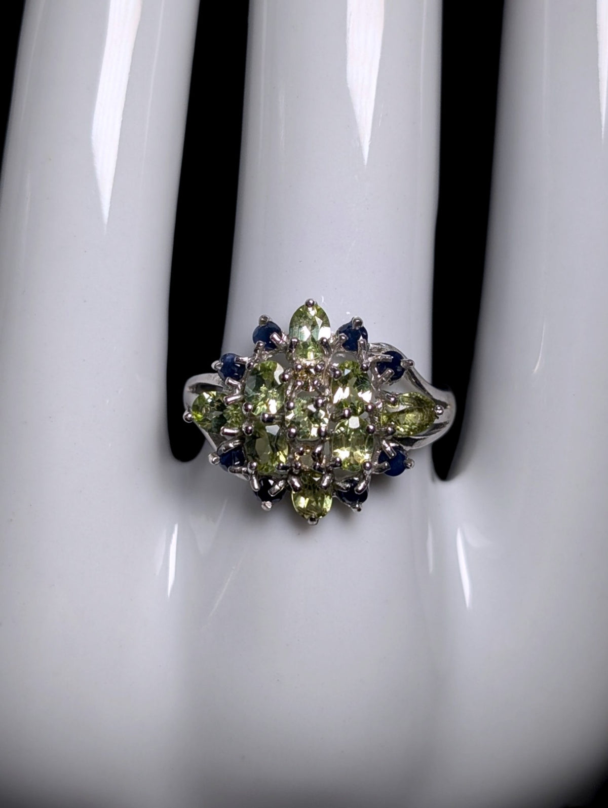 Vintage Genuine Peridot, Topaz and Sapphire Cluster Starburst Sterling Silver Ring