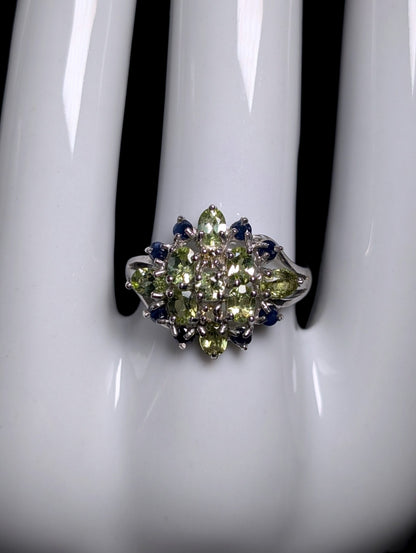 Vintage Genuine Peridot, Topaz and Sapphire Cluster Starburst Sterling Silver Ring