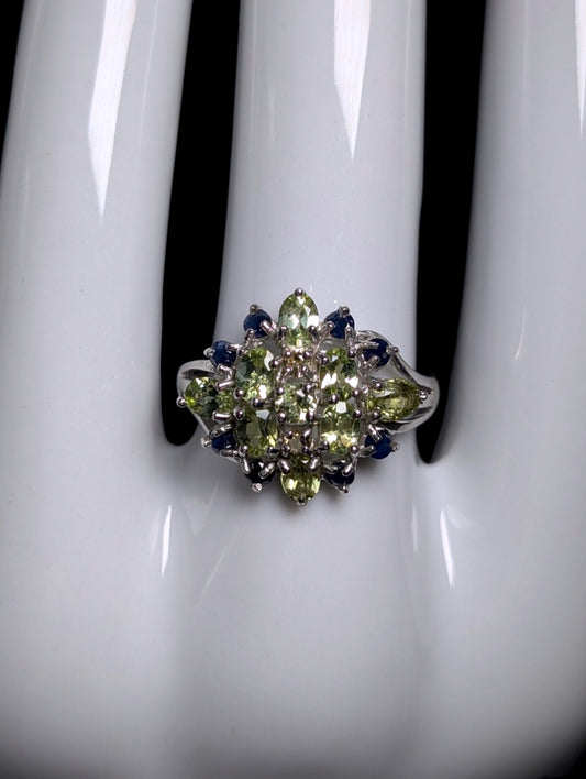 Vintage Genuine Peridot, Topaz and Sapphire Cluster Starburst Sterling Silver Ring
