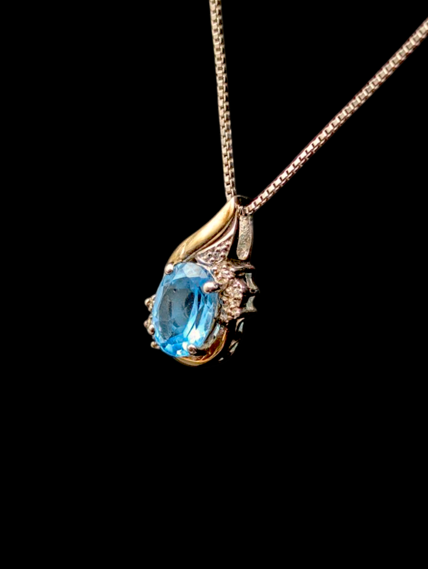 Vintage 10k Gold Vermeil Genuine Swiss Blue Topaz and Diamond Accent Pendant