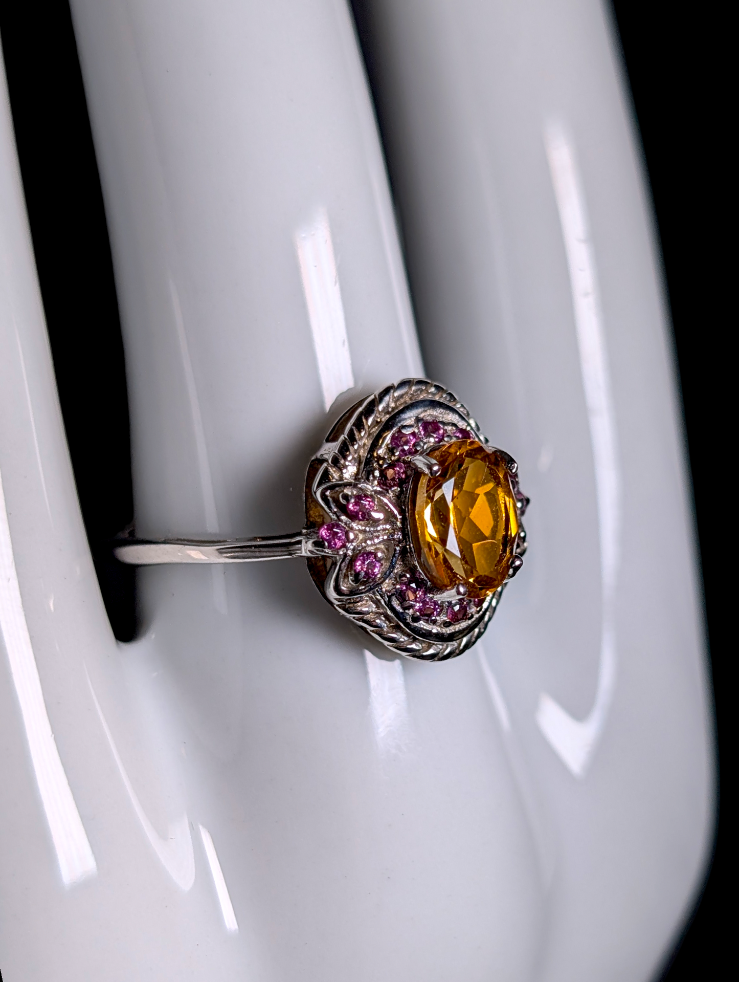 Vintage Oval Cut Genuine Citrine Solitaire and Amethyst Halo Sterling Silver Ring