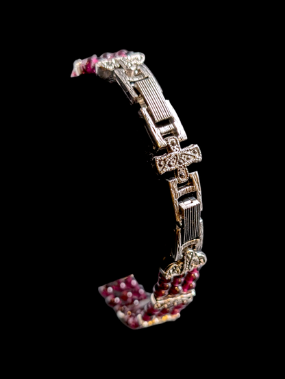 Vintage Three Strand Genuine Rhodolite Garnet Bead Silver Toned Bracelet