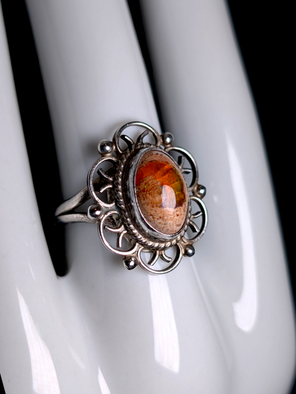 Vintage Cabochon Cut Earth Mined Genuine Mexican Boulder Fire Opal Sterling Silver Filigree Ring