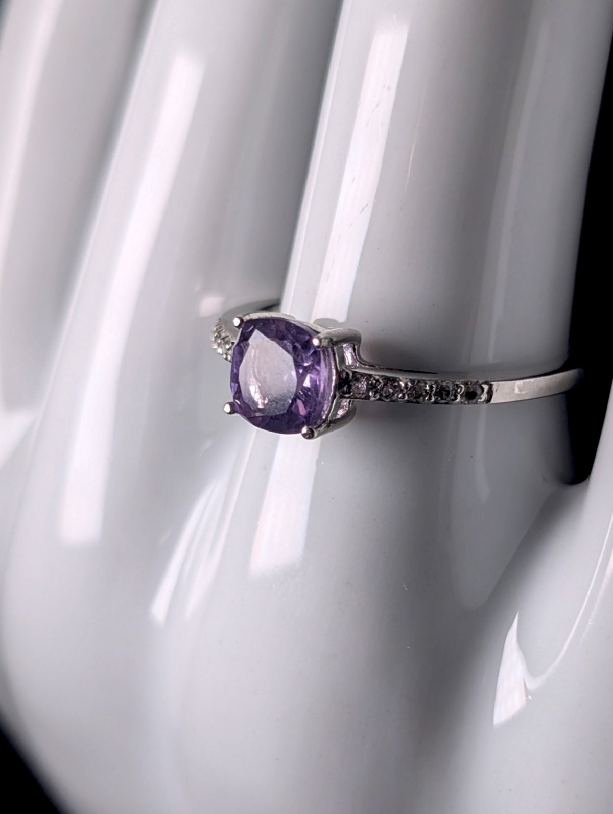 Vintage Cushion Cut Genuine Amethyst Solitaire with White Topaz Sterling Silver Ring