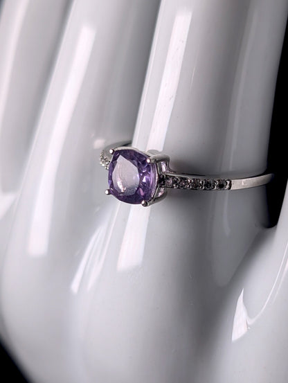 Vintage Cushion Cut Genuine Amethyst Solitaire with White Topaz Sterling Silver Ring