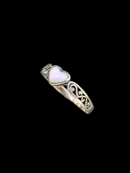 Vintage Heart Filigree Genuine Mother of Pearl Sterling Silver Ring