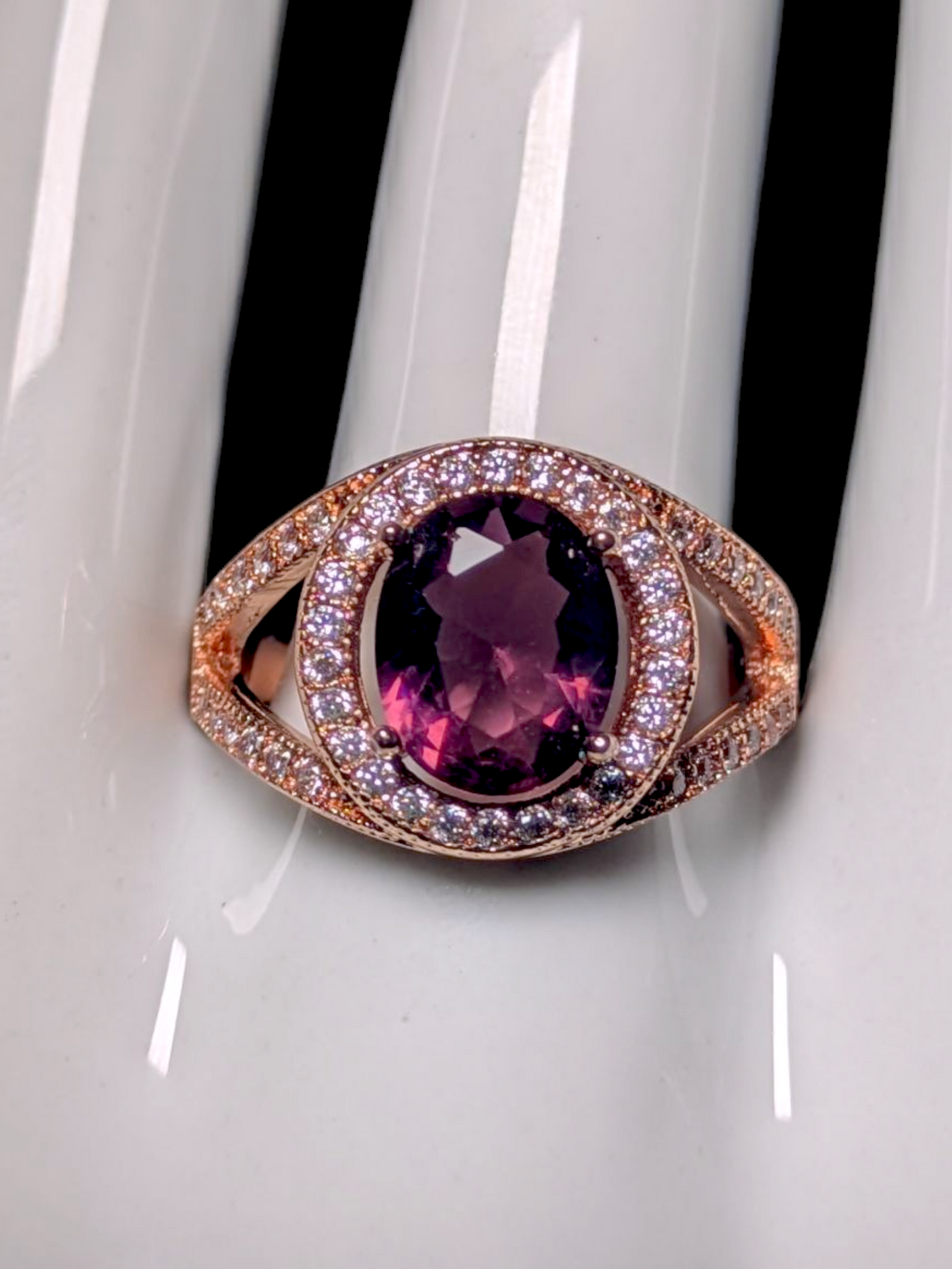 Vintage Inspired Oval Cut Simulated Amethyst with Simulated Diamond Halo Rose Gold Toned Statement Ring